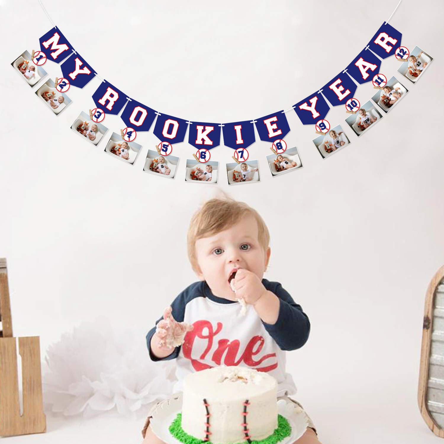 Kitticcino Baseball 1st Birthday Monthly Photo Banner Baseball Theme First Year Photo Banner My Rookie Year Banner for First Birthday Party Decorations Baby Shower Supplies