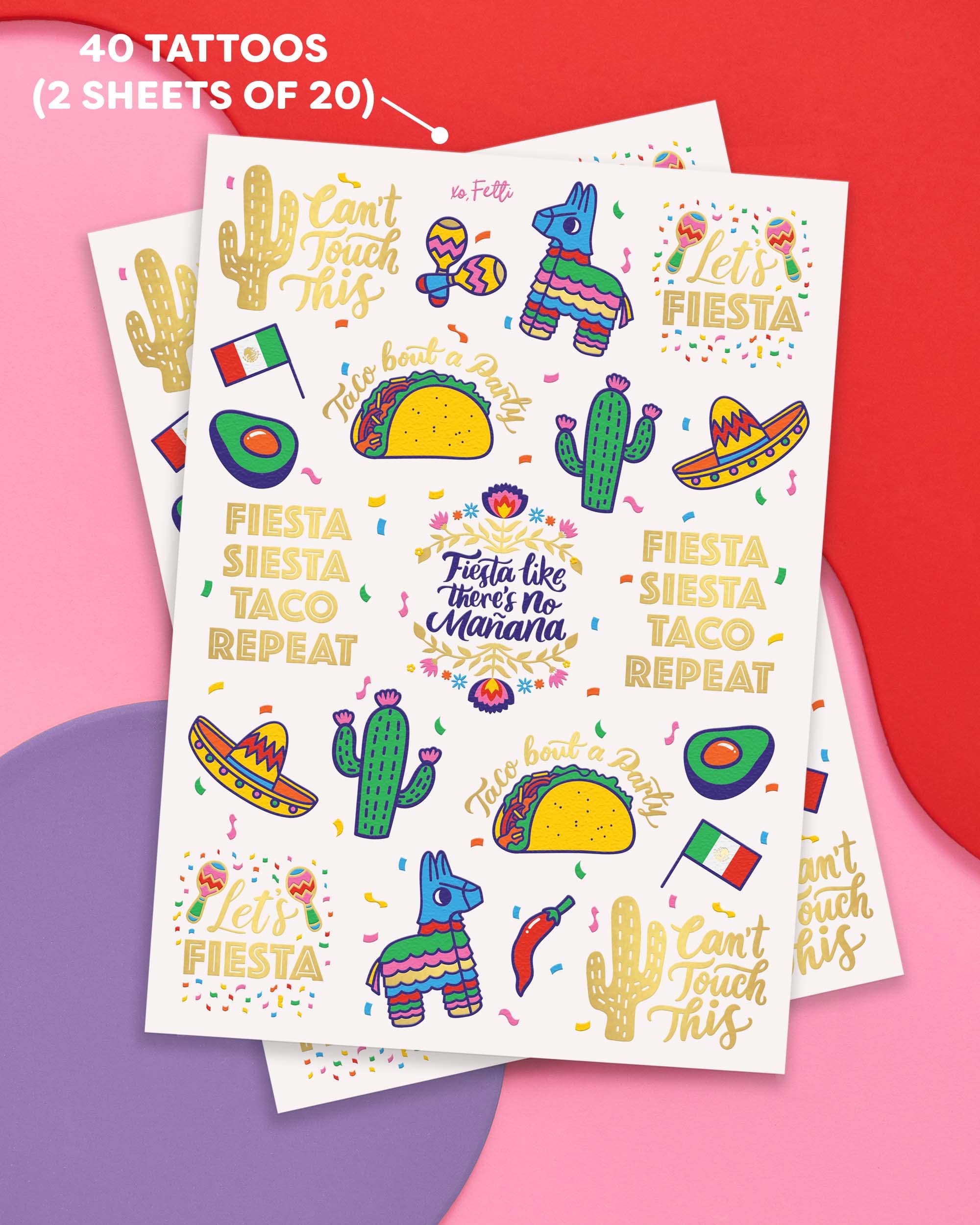 xo, Fetti Fiesta Party Supplies Metallic Tattoos - 40 styles | Cinco De Mayo Decorations, Final Fiesta Bachelorette + Mexican Decor