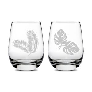 integrity bottles palm leaves with monstera leaves design, (set of 2) stemless wine glass, handmade, handblown, hand etched gifts, sand carved, 16oz
