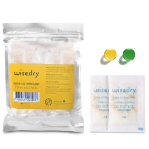wisedry 120 packets 2 gram silica gel desiccant packs with color indicating beads moisture absorber packets for food shoe boxes spices seed collection storage food grade