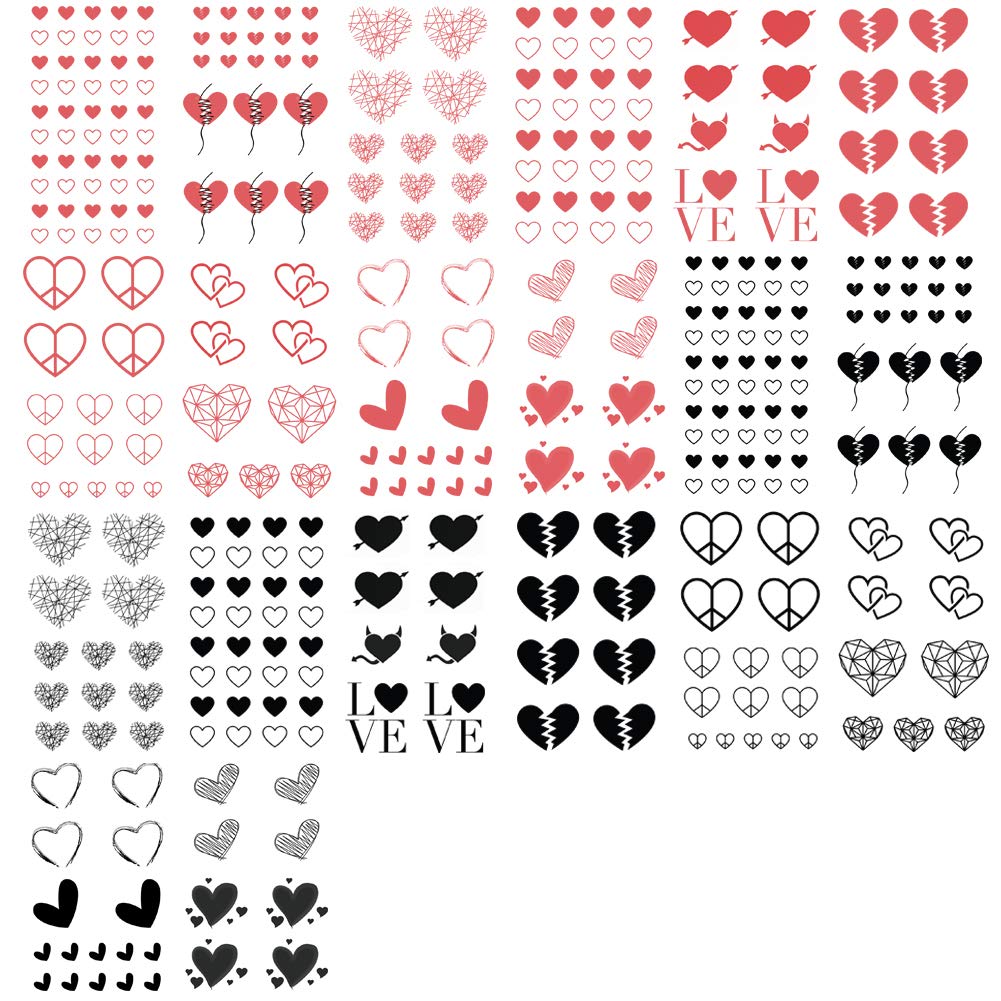 Everjoy Red Black Love Hearts Temporary Tattoos 15 Designs 2 Colors 360 Patterns, Waterproof Valentines Decal Tattoo Stickers for Women