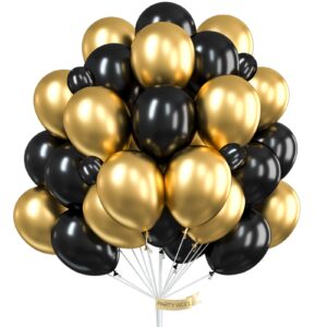 partywoo gold and black balloons, 60 pcs of black balloons, gold metallic balloons for black gold party decorations, hip hop party decorations, hollywood party decorations, disco party decorations