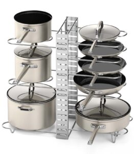 vdomus pot rack organizer with 3 diy methods, pot and pan lid storage for cabinet kitchen, 8+ pots and pan holder pot racks, adjustable pot and pan rack lid holder (silver)