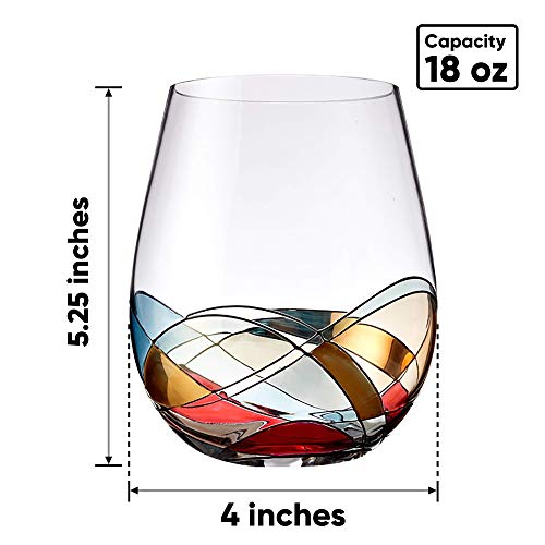 Bezrat Stemless Wine Glasses Set of Two | Hand Painted Large Premium Red and White Wine glasses | Lead-Free Crystal | Essential Wine Gift | 18 Ounces (Red)