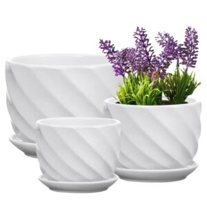 yingerhuan set of 3 ceramic plant pot - flower plant pots indoor with saucers,small to medium sized round modern ceramic garden flower pots (white)