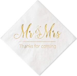 crisky napkins mr and mrs gold cocktail beverage dessert for wedding shower engagement party decorations, cake table decor supplies. 100 pcs, 3-ply