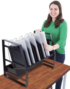 line leader 14 device open charging cart for laptops, tablets & chromebooks, mobile laptop station with removable wheels for desktop or under desk use, ul-listed power strip with surge protection