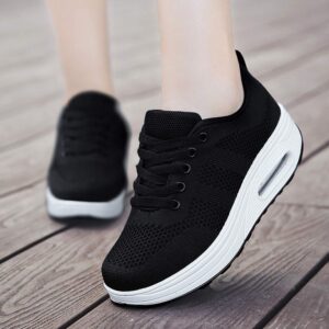 Women's Wedge Sneakers Breathable Mesh Thick Sole Lace Up Comfort Tennis Walking Shoes Black