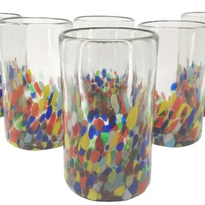 Hand Blown Mexican Drinking Glasses – Set of 6 Confetti Carmen Design Glasses (14 oz each)