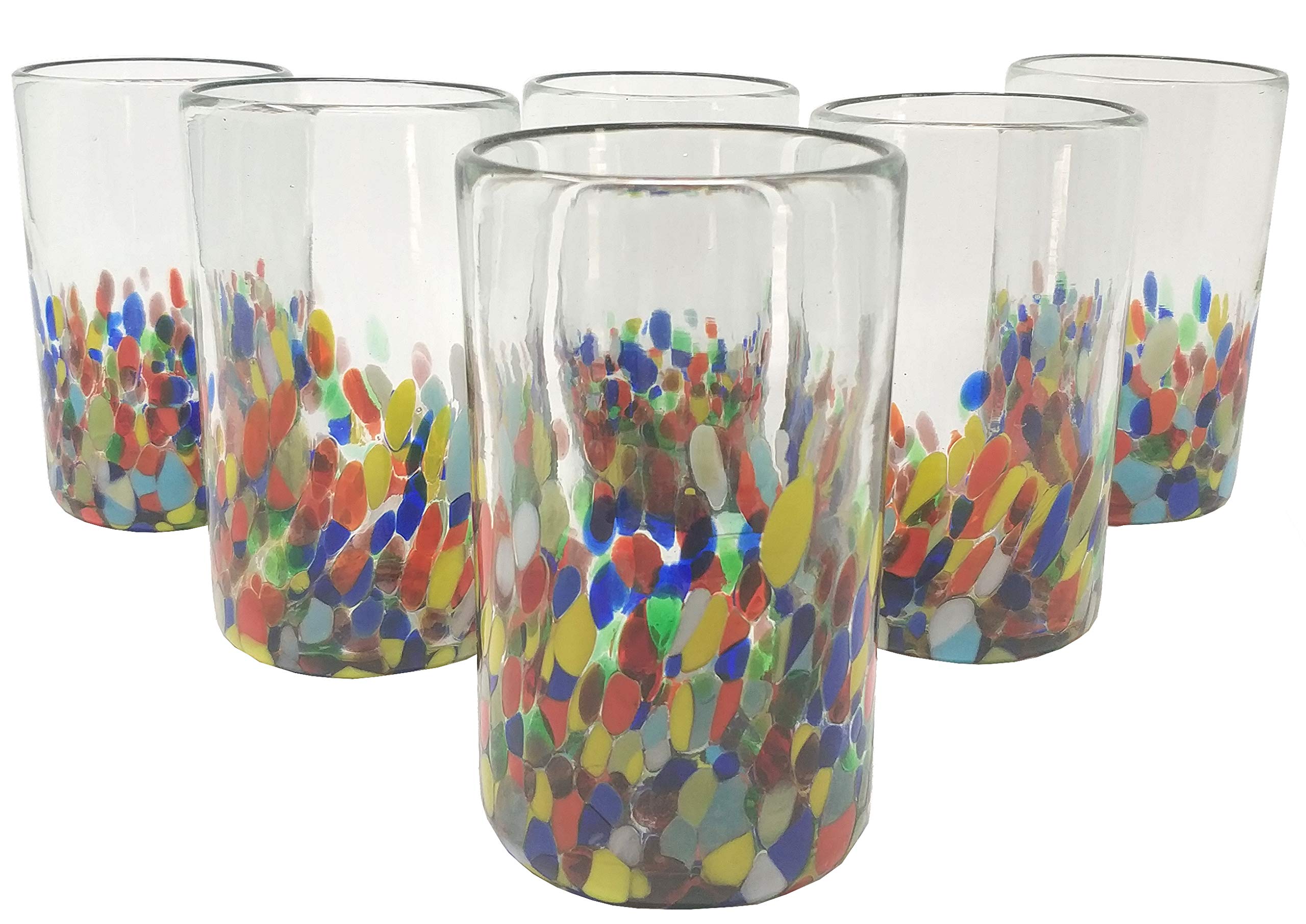 Hand Blown Mexican Drinking Glasses – Set of 6 Confetti Carmen Design Glasses (14 oz each)