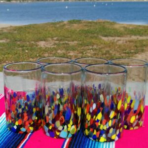 Hand Blown Mexican Drinking Glasses – Set of 6 Confetti Carmen Design Glasses (14 oz each)