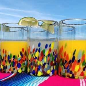 Hand Blown Mexican Drinking Glasses – Set of 6 Confetti Carmen Design Glasses (14 oz each)