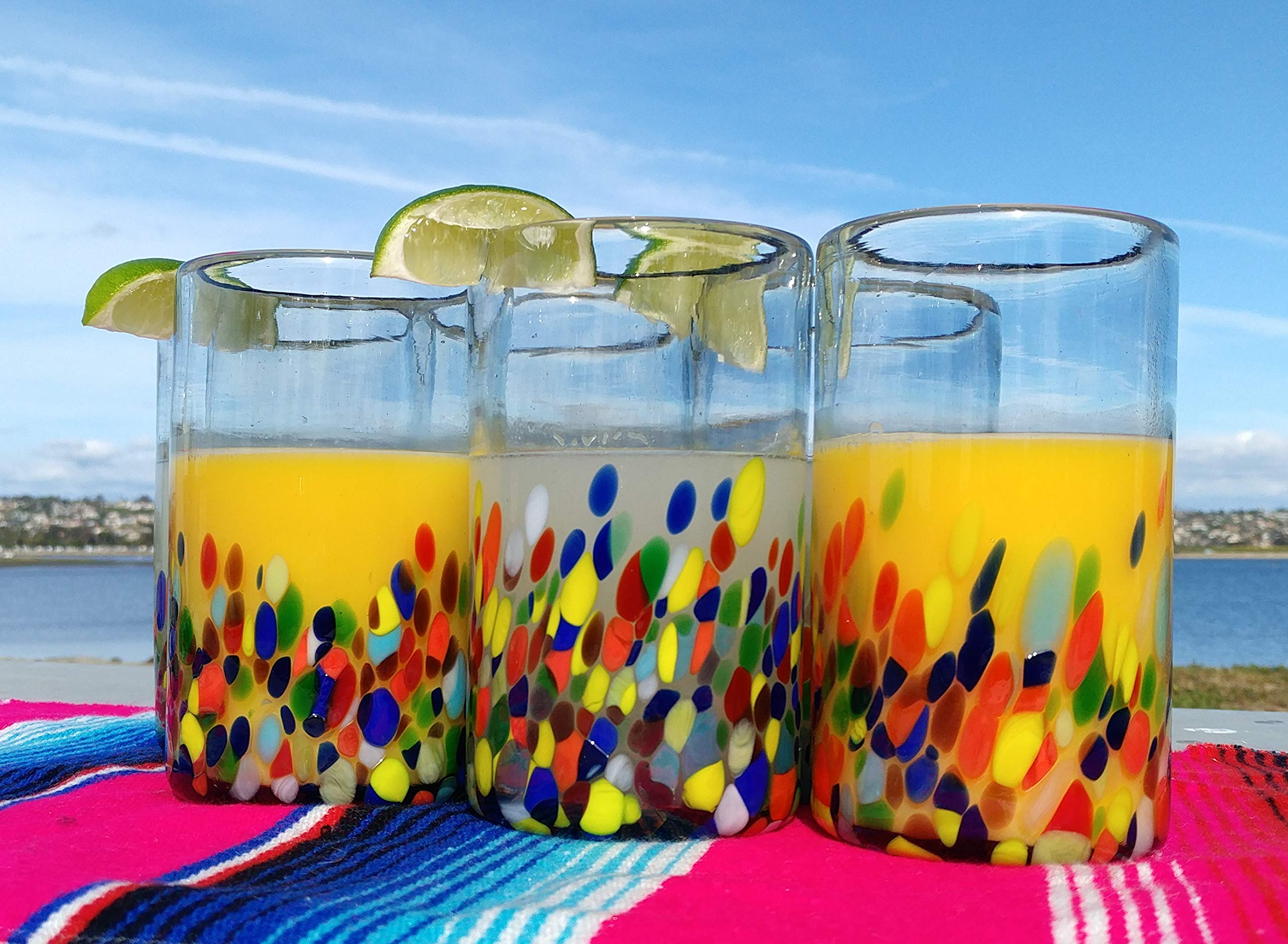 Hand Blown Mexican Drinking Glasses – Set of 6 Confetti Carmen Design Glasses (14 oz each)