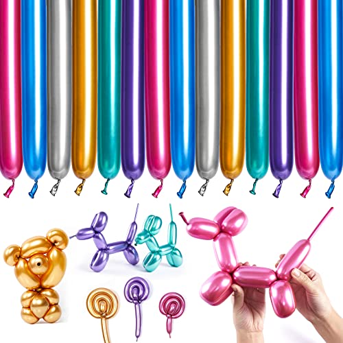 PartyWoo Metallic Twisting Balloons, 50 pcs Long Balloons 260Q Modelling Balloons in 6 Metallic Colors, Magic Balloons Animal Balloons for Children's Party, Carnivals, Jungle Party