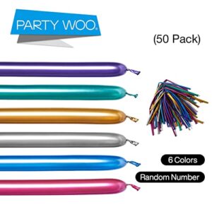 PartyWoo Metallic Twisting Balloons, 50 pcs Long Balloons 260Q Modelling Balloons in 6 Metallic Colors, Magic Balloons Animal Balloons for Children's Party, Carnivals, Jungle Party