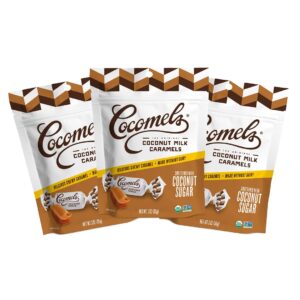 cocomels coconut milk caramels with coconut sugar, organic candy, dairy free, sugar free, vegan, gluten free, non-gmo, no cane sugar, no high fructose corn syrup, kosher, plant based, (3 pack)