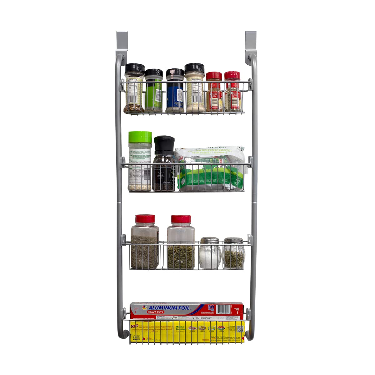 Home Basics Heavy Duty 4 Tier Over the Door Storage Shelf Hanging Cabinet Metal Pantry Rack Organizer Spice Space, Grey