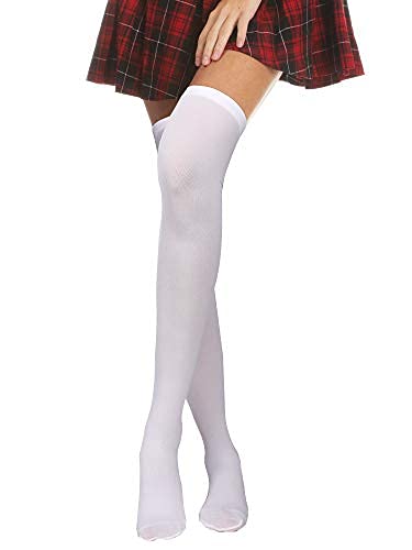 4 Pairs Women's Silk Thigh High Stockings Nylon Socks for Women Halloween Cosplay Costume Party Tights Accessory (Black, White, Skin Color, Grey,F Size)