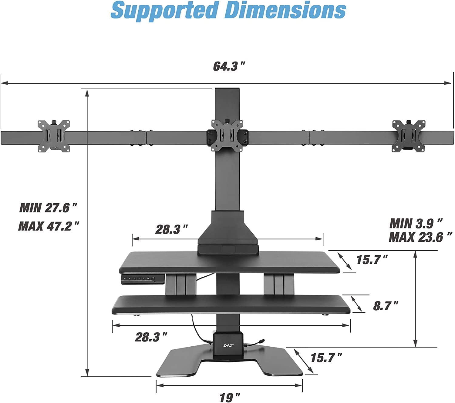 AVLT Triple 32" Monitor Electric Standing Desk Converter with Huge Keyboard Tray Extra Large 28"x 16" Spacious Tabletop Motorized Automatic Height Adjustable Sit to Stand Table Sturdy Small Footprint