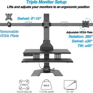 AVLT Triple 32" Monitor Electric Standing Desk Converter with Huge Keyboard Tray Extra Large 28"x 16" Spacious Tabletop Motorized Automatic Height Adjustable Sit to Stand Table Sturdy Small Footprint