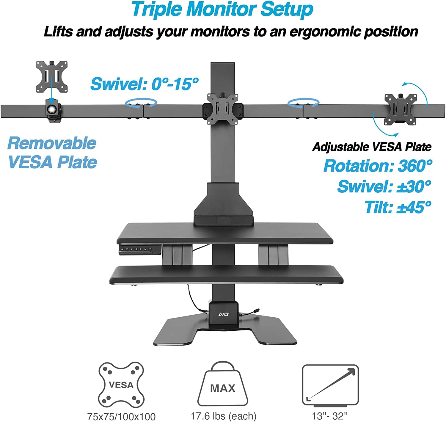 AVLT Triple 32" Monitor Electric Standing Desk Converter with Huge Keyboard Tray Extra Large 28"x 16" Spacious Tabletop Motorized Automatic Height Adjustable Sit to Stand Table Sturdy Small Footprint