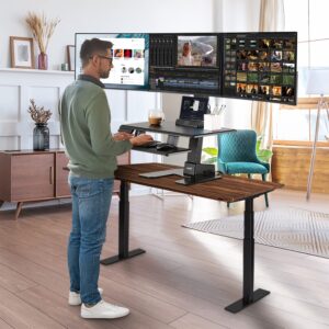 AVLT Triple 32" Monitor Electric Standing Desk Converter with Huge Keyboard Tray Extra Large 28"x 16" Spacious Tabletop Motorized Automatic Height Adjustable Sit to Stand Table Sturdy Small Footprint