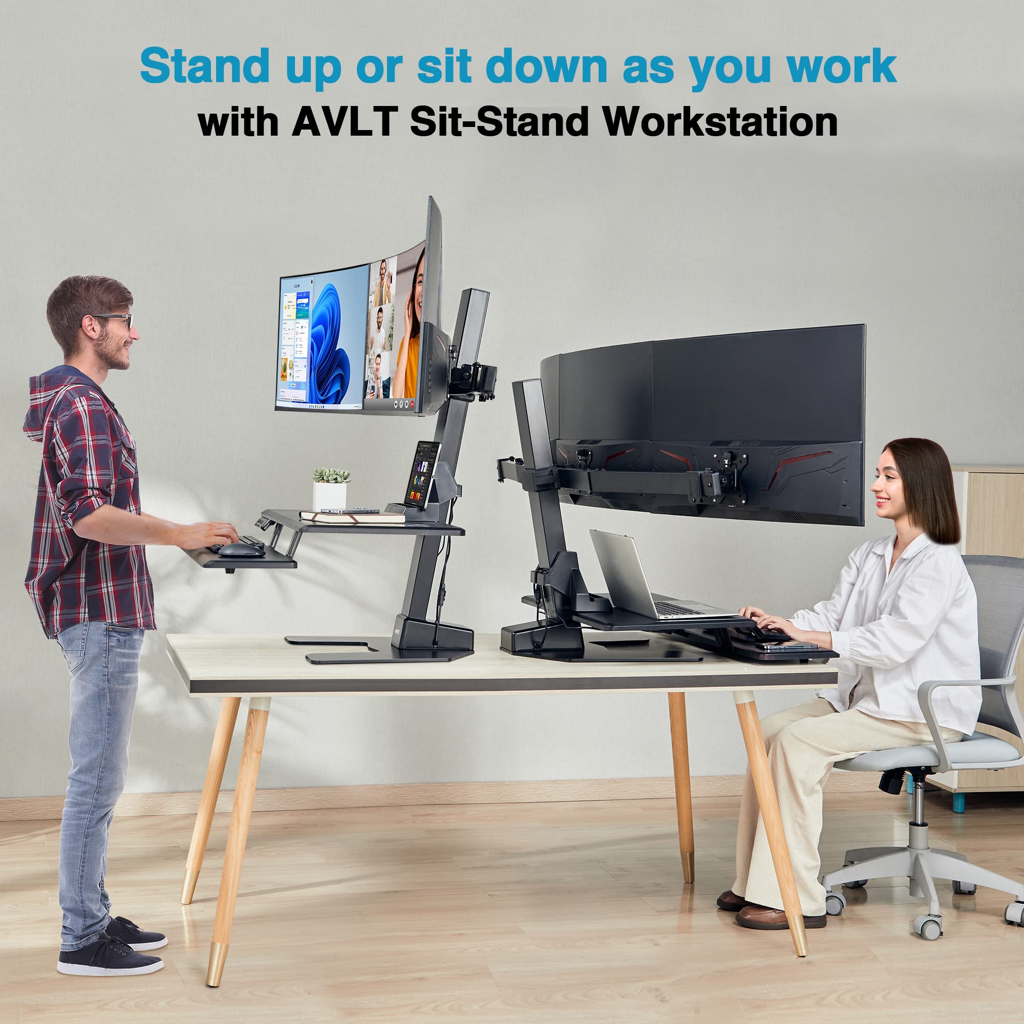 AVLT Triple 32" Monitor Electric Standing Desk Converter with Huge Keyboard Tray Extra Large 28"x 16" Spacious Tabletop Motorized Automatic Height Adjustable Sit to Stand Table Sturdy Small Footprint