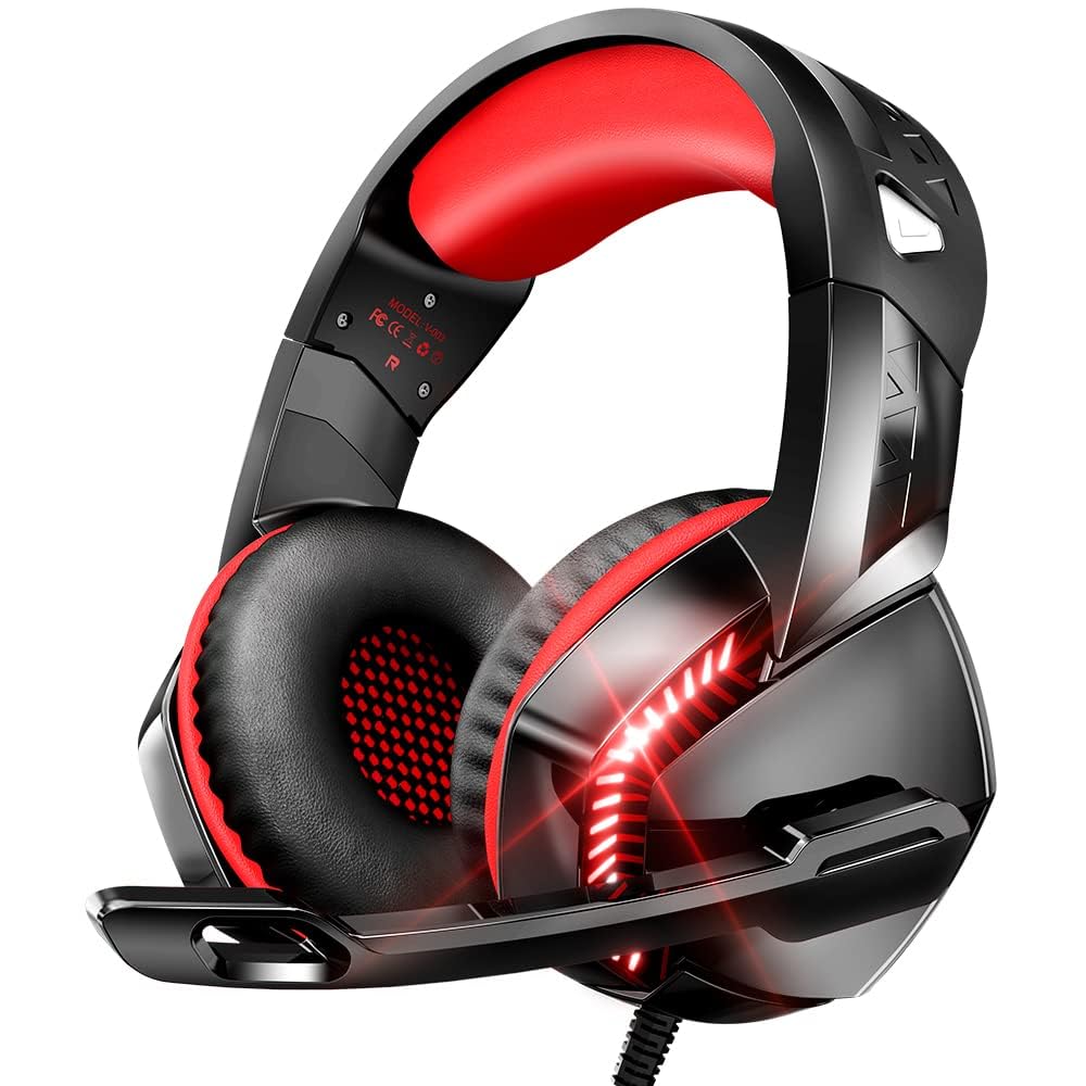 VersionTECH. G2000 Gaming Headset for PS5 PC PS4 Xbox One Controller,Bass Surround Noise Cancelling Mic, Over Ear Headphones with LED Lights for Mac Laptop Xbox Series X S Nintendo Switch Games-Red