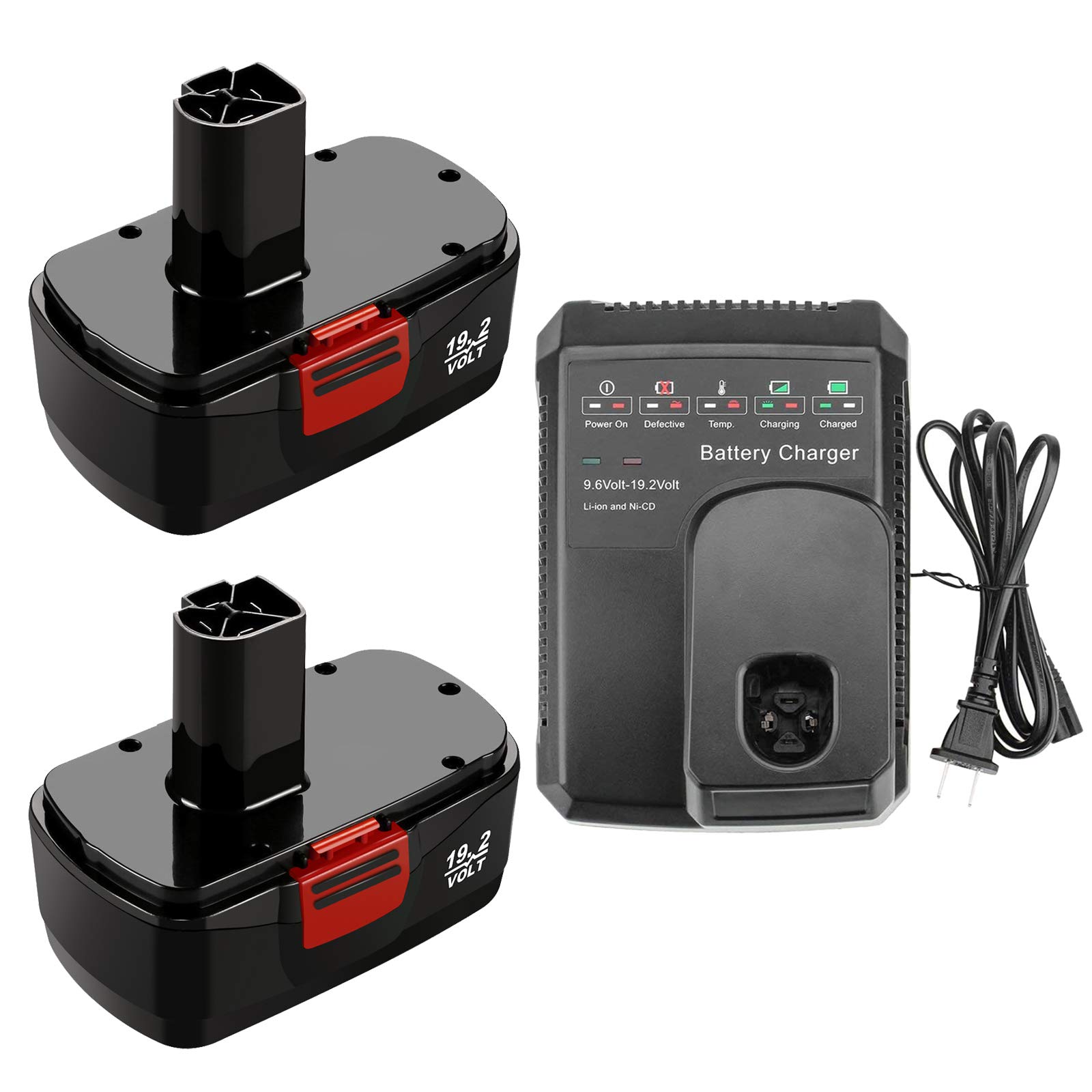 2 Packs 3.6Ah Ni-Mh 19.2V Diehard C3 Battery and Charger Compatible with Craftsman 19.2 Volt Battery Lithium-ion Ni-Mh&Ni-Cd 11375 11376 130279005 1323903 315.115410 315.11485