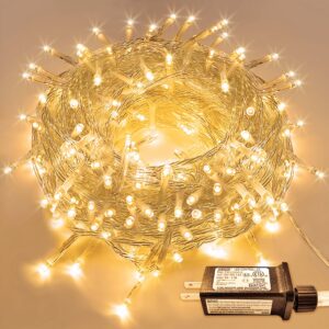 jmexsuss warm white christmas lights, 300 led christmas string lights indoor outdoor waterproof clear wire, 8 modes fairy string lights plug in for room christmas tree bedroom holiday garden decor