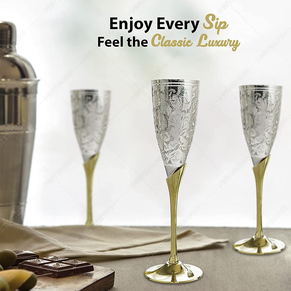 SIMCS HANDICRAFTS Royal Handmade Engraved Silver Plated Brass Champagne Flutes Set of 2 Wine Goblets for Valentine Wedding Christmas Housewarming Gifts with Presentation Velvet Bags