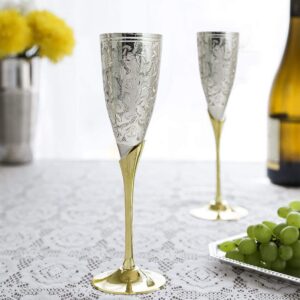 SIMCS HANDICRAFTS Royal Handmade Engraved Silver Plated Brass Champagne Flutes Set of 2 Wine Goblets for Valentine Wedding Christmas Housewarming Gifts with Presentation Velvet Bags