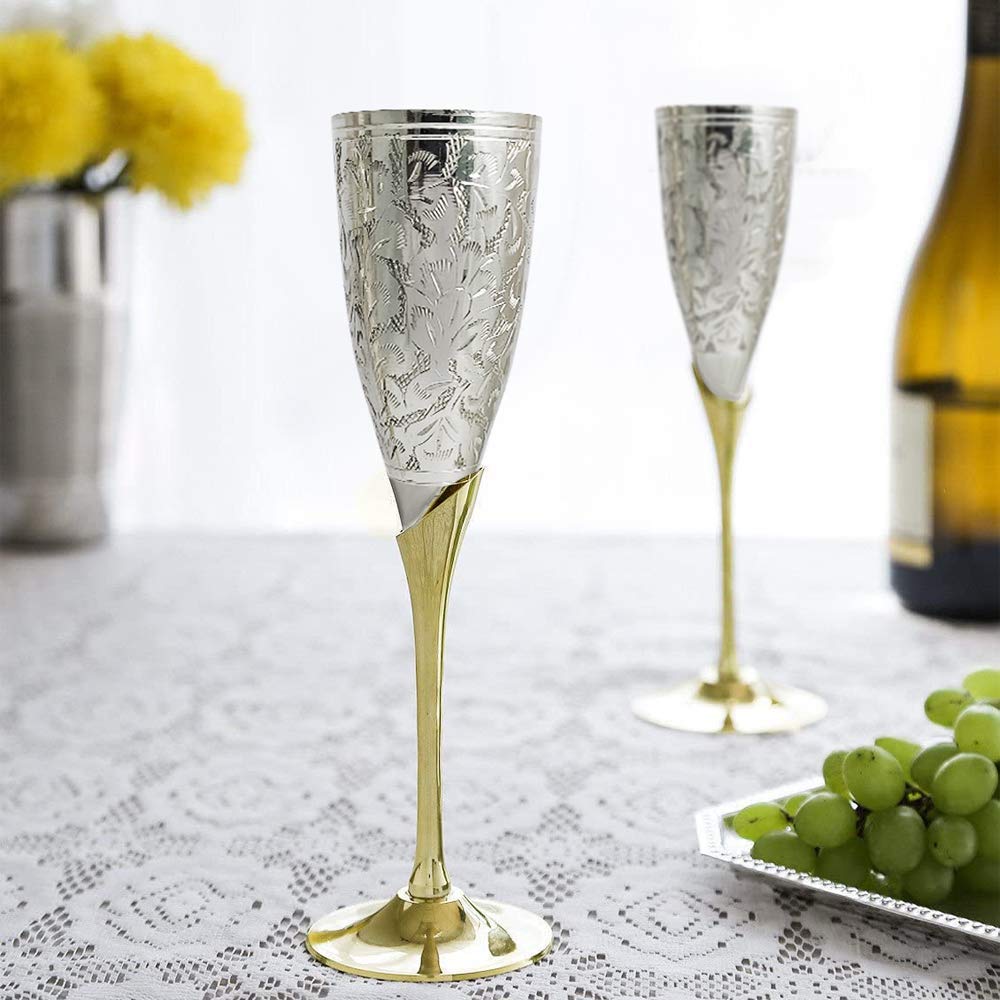 SIMCS HANDICRAFTS Royal Handmade Engraved Silver Plated Brass Champagne Flutes Set of 2 Wine Goblets for Valentine Wedding Christmas Housewarming Gifts with Presentation Velvet Bags