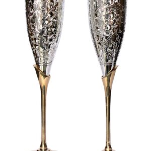 SIMCS HANDICRAFTS Royal Handmade Engraved Silver Plated Brass Champagne Flutes Set of 2 Wine Goblets for Valentine Wedding Christmas Housewarming Gifts with Presentation Velvet Bags