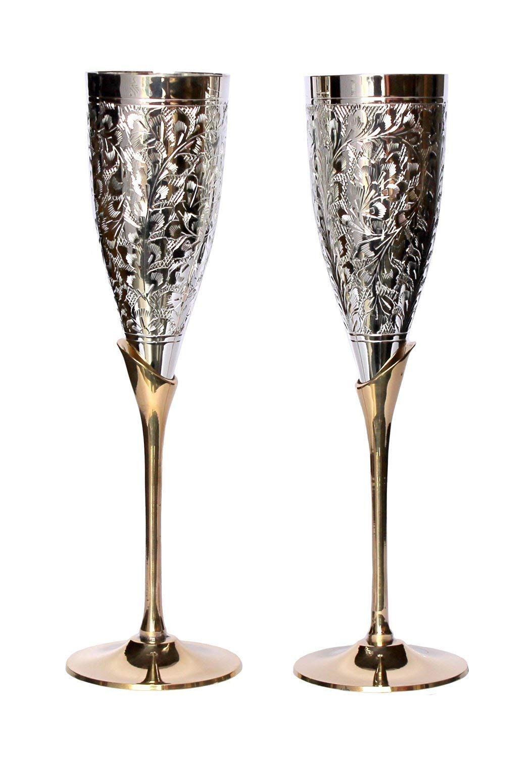 SIMCS HANDICRAFTS Royal Handmade Engraved Silver Plated Brass Champagne Flutes Set of 2 Wine Goblets for Valentine Wedding Christmas Housewarming Gifts with Presentation Velvet Bags