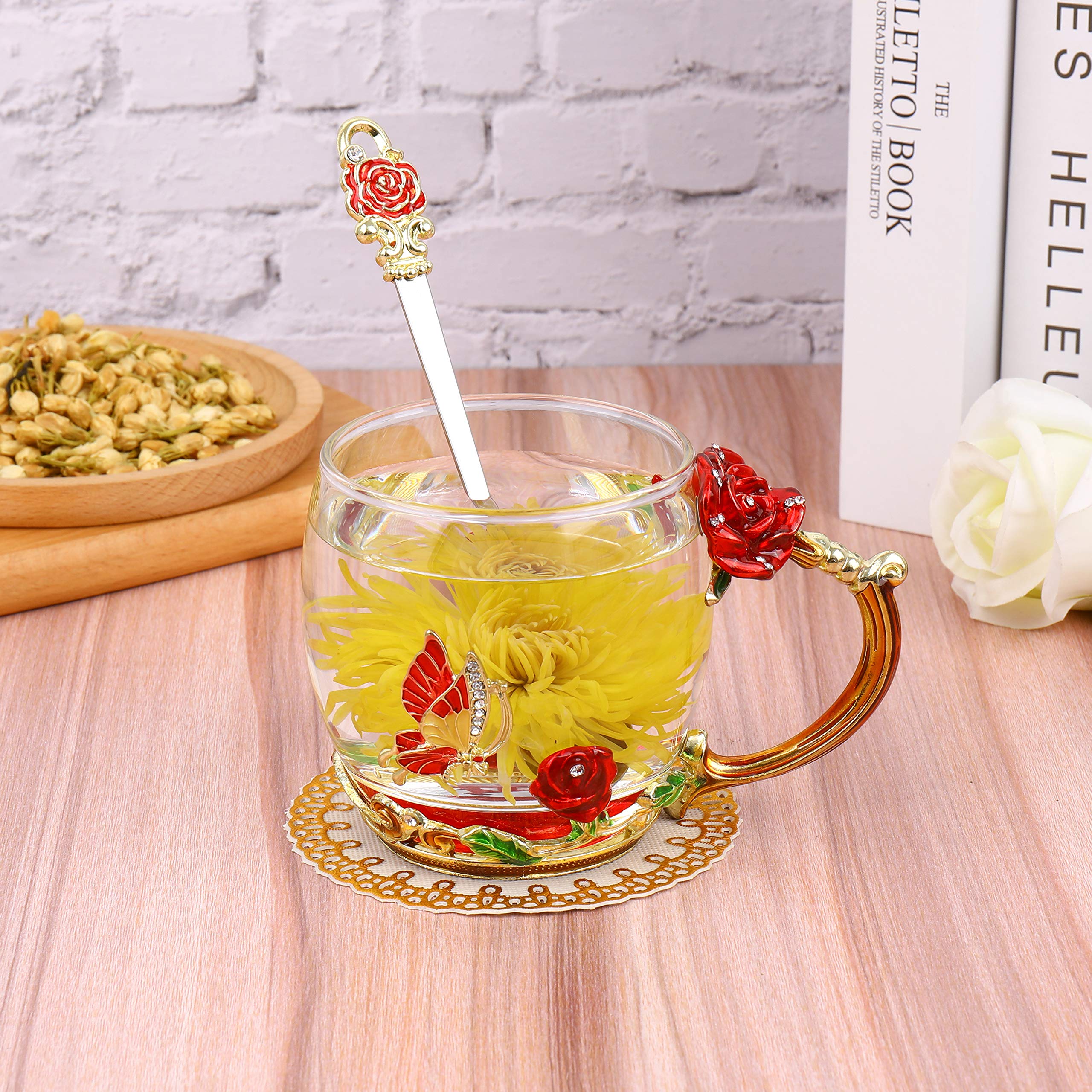 onepeng Gifts for Mom Women Mothers Day Glass Coffee Enamels Mug Best Birthday Butterfly Rose Gifts for Her from Daughter Son Lead-Free Valentines Day Christmas Red Tea Cup with Spoon Set