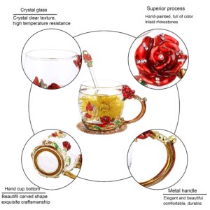 onepeng Gifts for Mom Women Mothers Day Glass Coffee Enamels Mug Best Birthday Butterfly Rose Gifts for Her from Daughter Son Lead-Free Valentines Day Christmas Red Tea Cup with Spoon Set