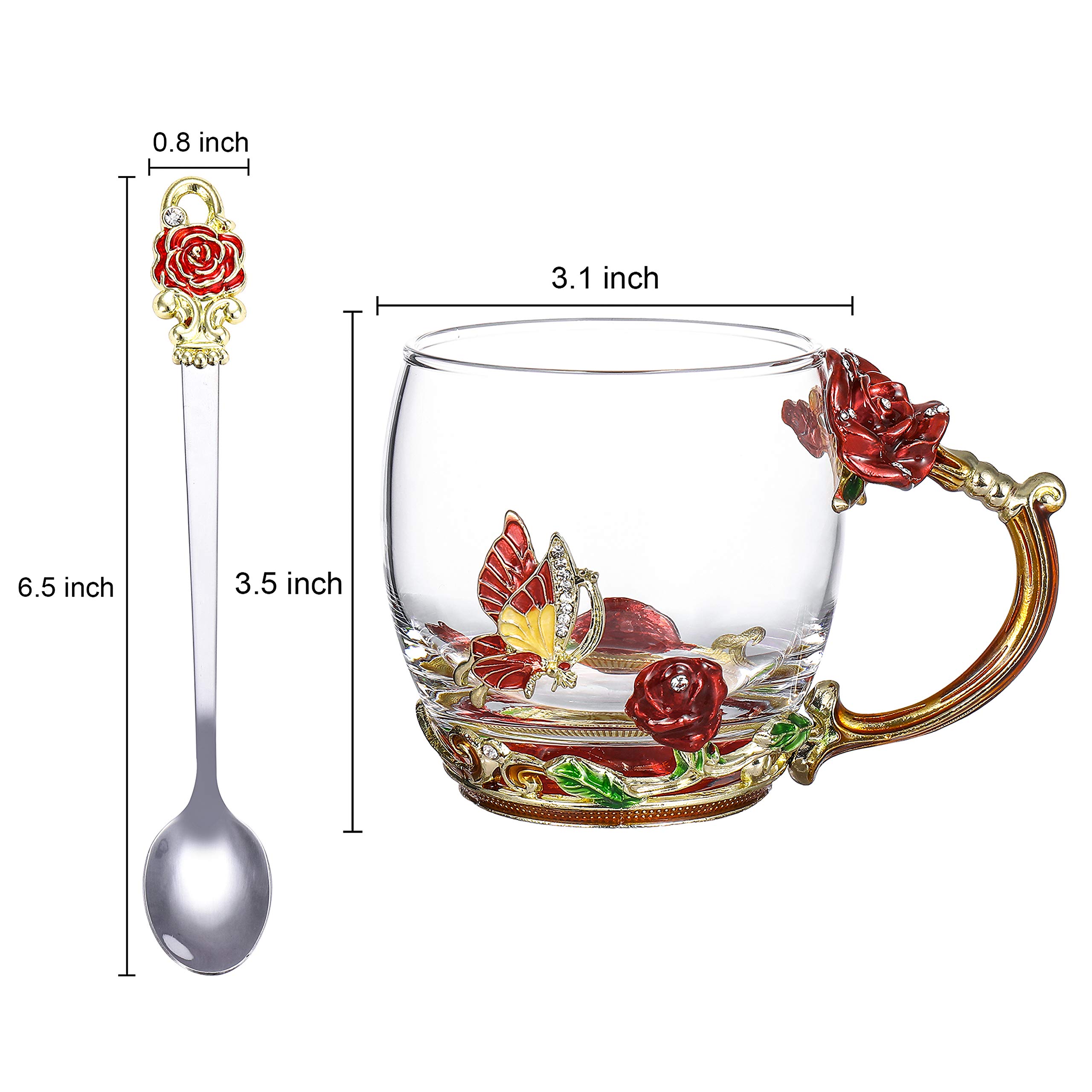 onepeng Gifts for Mom Women Mothers Day Glass Coffee Enamels Mug Best Birthday Butterfly Rose Gifts for Her from Daughter Son Lead-Free Valentines Day Christmas Red Tea Cup with Spoon Set