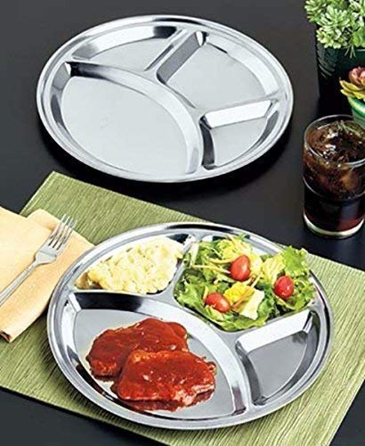 IndiaBigShop Stainless Steel Round Dining Plate 4 Compartment Thali, Dinner plates, Steel Plates, Restaurant Steel Plates, Dinner Partie Plates, Thali - 11.5 Inch - Set of 4