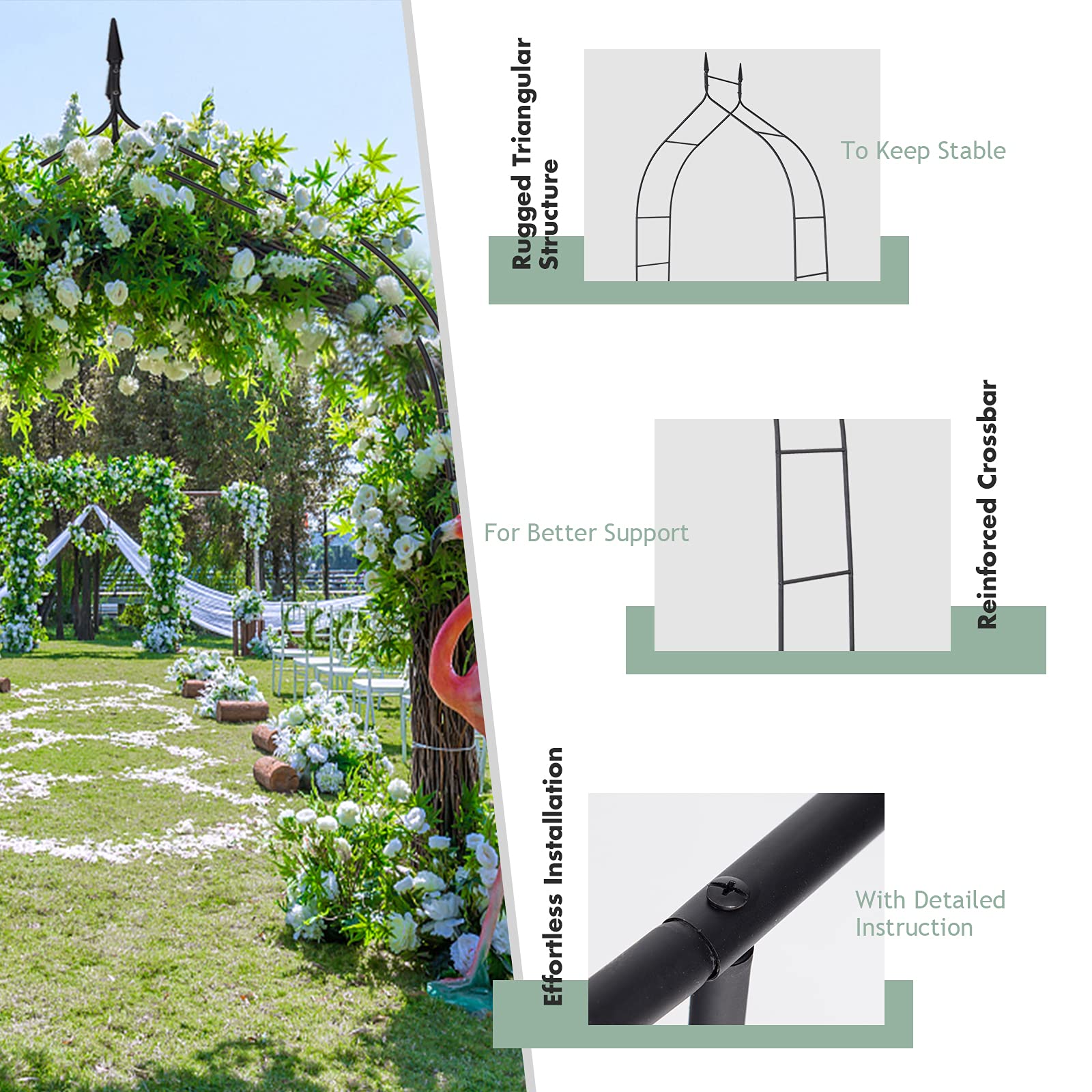 GOFLAME Garden Arch Steel, Rose Arbor for Various Climbing Plant, Outdoor Garden Lawn Backyard, Gothic Style Heavy Duty Wedding Party Ceremony Decoration (Black)