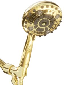 aquarius mist handheld gold shower head with hose (extra long) spa grade high pressure hand held showerhead wand with 6 spray settings – adjustable mount holder & teflon tape - polished brass