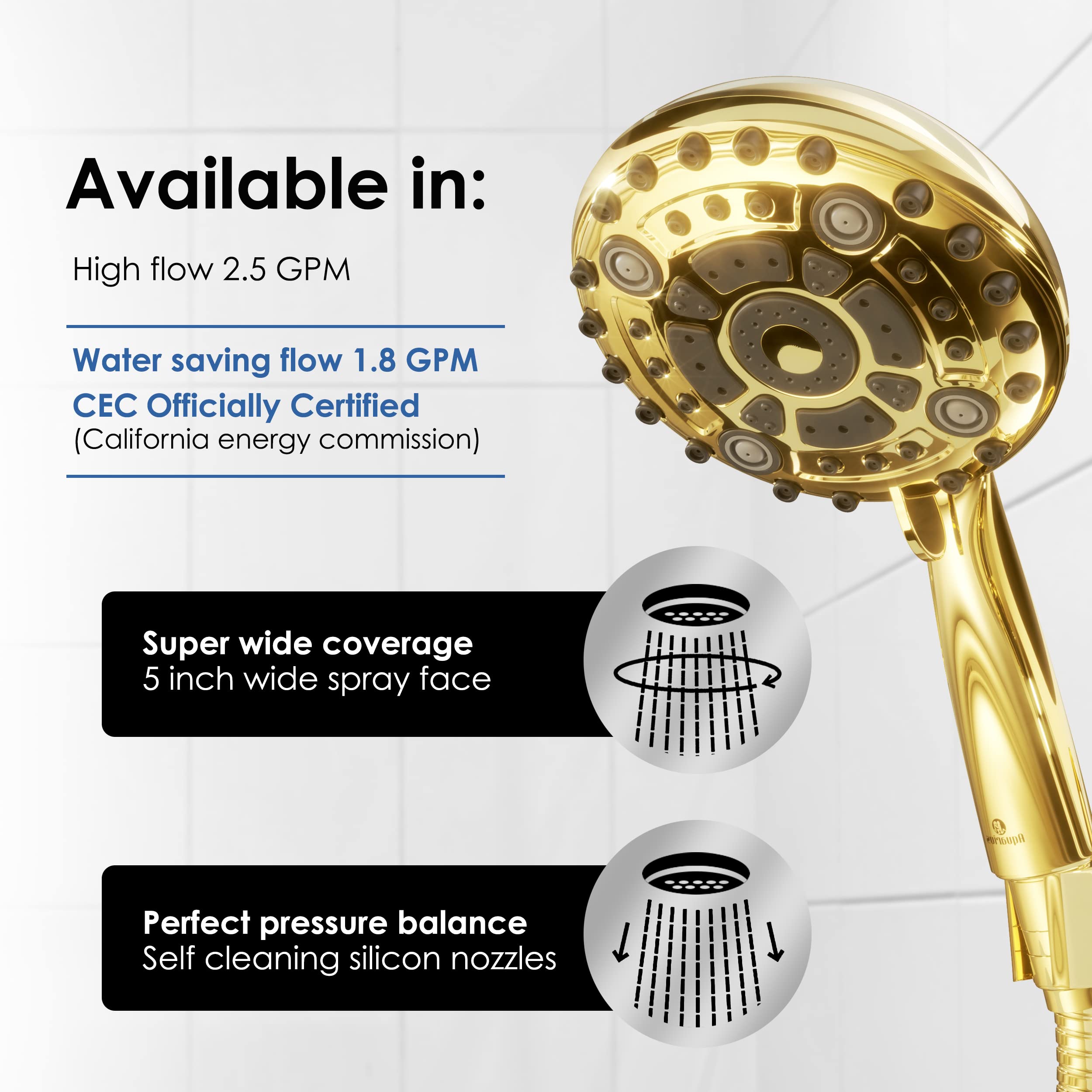 Aquarius Mist Handheld Gold Shower Head With Hose (Extra Long) Spa Grade High Pressure Hand Held Showerhead Wand With 6 Spray Settings – Adjustable Mount Holder & Teflon Tape - Polished Brass