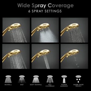 Aquarius Mist Handheld Gold Shower Head With Hose (Extra Long) Spa Grade High Pressure Hand Held Showerhead Wand With 6 Spray Settings – Adjustable Mount Holder & Teflon Tape - Polished Brass