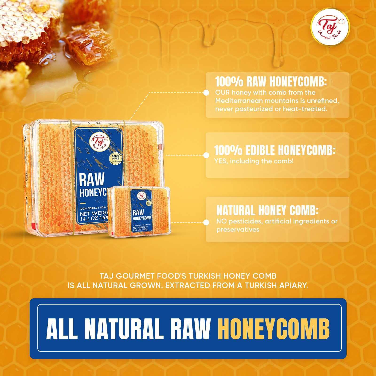 Taj Gourmet All Natural Raw Honeycomb 100% Honey Pure Turkish Raw Honey Comb -100% All Natural Edible Honey Combs Raw Edible - Perfect For Healthy Smoothies Honey With Honeycomb, 200g (7.05oz)