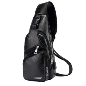 jumo cyly leather sling bag with usb charging port large mens crossbody shoulder bag travel sling chest bag (small black)