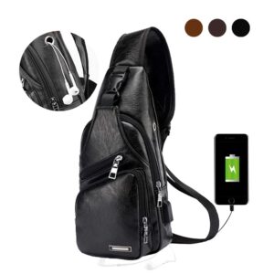 JUMO CYLY Leather Sling Bag with USB Charging Port Large Mens Crossbody Shoulder Bag Travel Sling Chest Bag (Small Black)