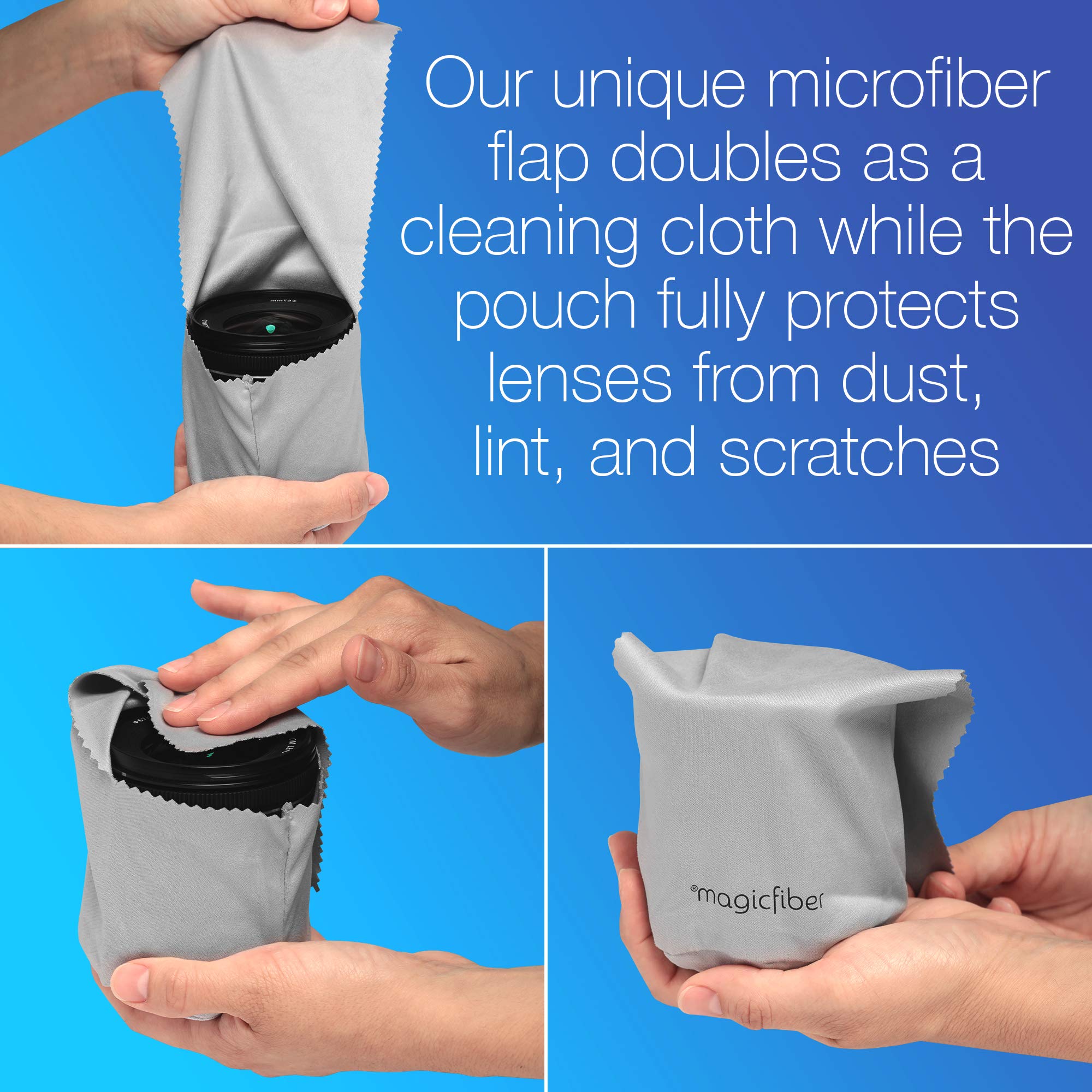 MagicFiber Microfiber Camera Lens Pouches (3 Pack) Ultra Soft Bags with Built-in Cloth for Cleaning and Storing Camera Lenses