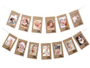 1st baby birthday photo banner from newborn to 12 months, monthly milestone photograph rustic burlap bunting garland for baby first birthday baby shower decoration