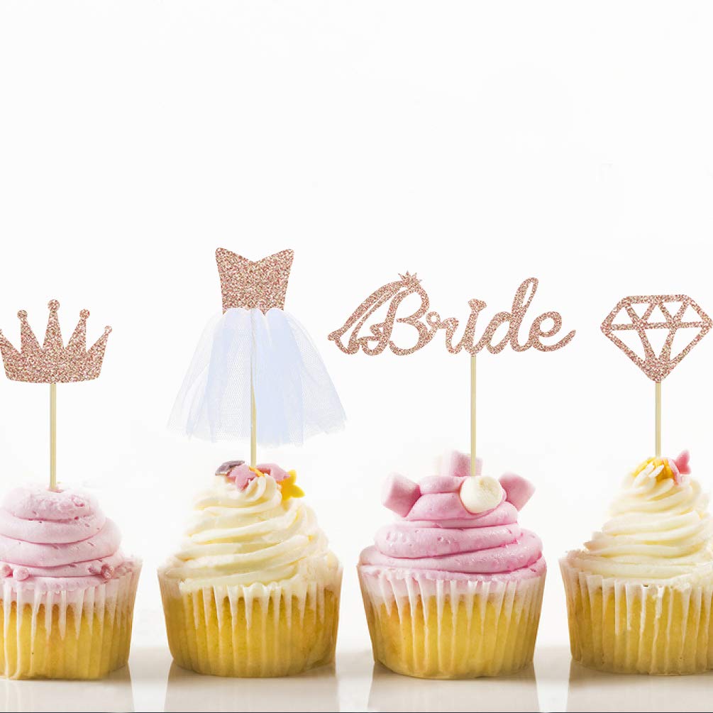 32 Rose Gold Glitter Bride To Be Cupcake Toppers with Diamond,Crown,Bride,3D Tulle Dress Cupcake Toppers for Bridal Shower Supplies, Wedding Engagement, Bachelorette Party Decorations