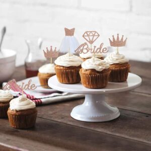 32 Rose Gold Glitter Bride To Be Cupcake Toppers with Diamond,Crown,Bride,3D Tulle Dress Cupcake Toppers for Bridal Shower Supplies, Wedding Engagement, Bachelorette Party Decorations